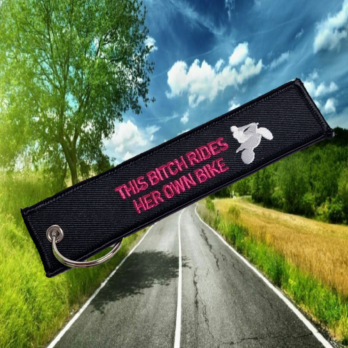 This Bitch Rides Her Own Bike (Black) – Keyring,female riders, lady biker, biker chick, girl keyring, biker, motorbike, motorcycle keyring