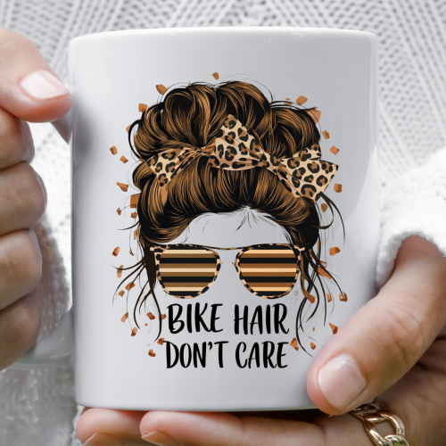 female riders, lady biker, biker chick, girl keyring, biker, motorbike, motorcycle keyring, mug, biker, Bike Hair Don’t Care – Mug