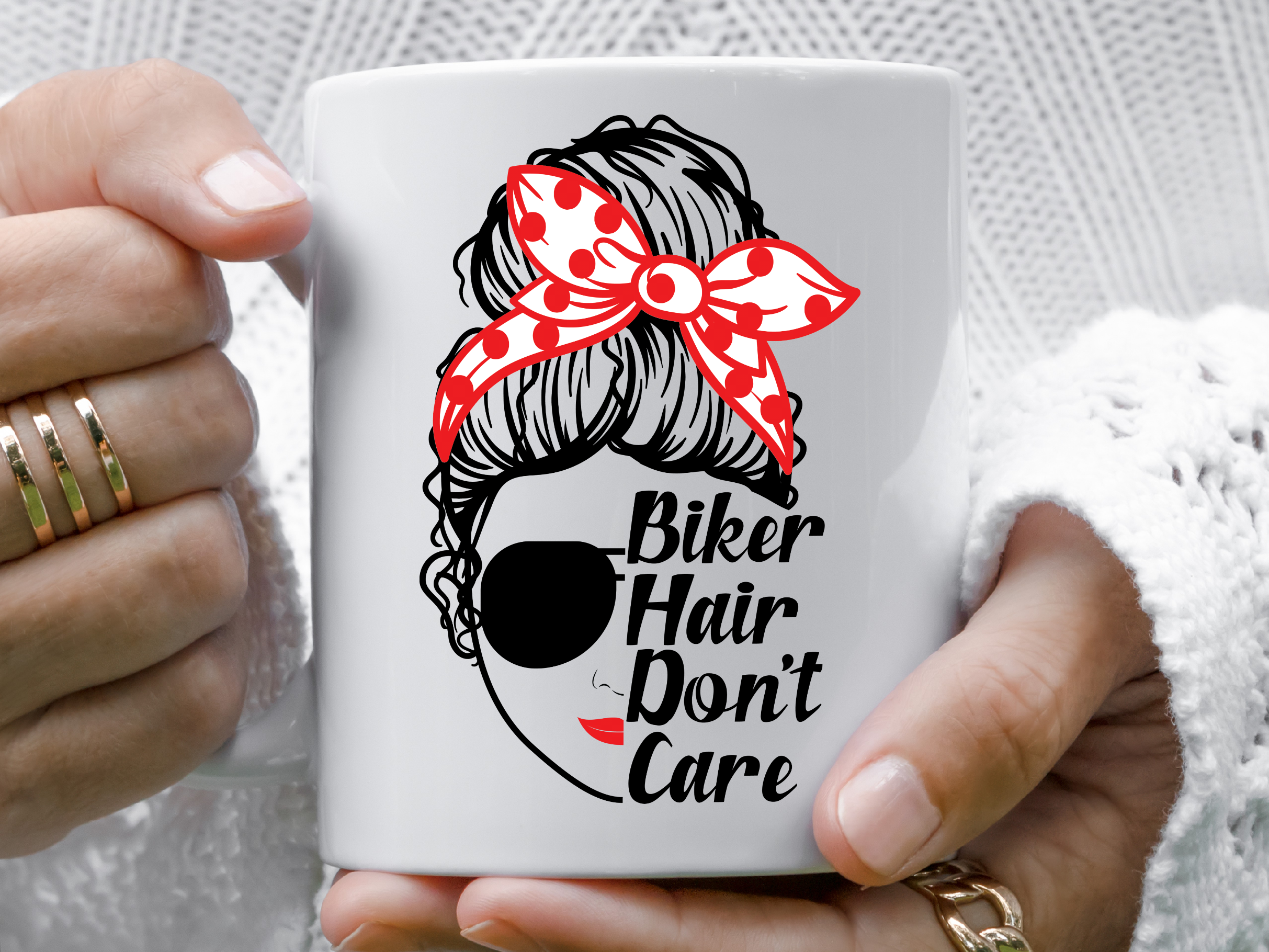 female riders, lady biker, biker chick, girl keyring, biker, motorbike, motorcycle keyring, mug, biker, Bike Hair Don’t Care – Mug, red
