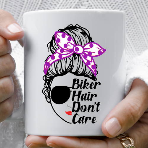 female riders, lady biker, biker chick, girl keyring, biker, motorbike, motorcycle keyring, mug, biker, Bike Hair Don’t Care – Mug, purple