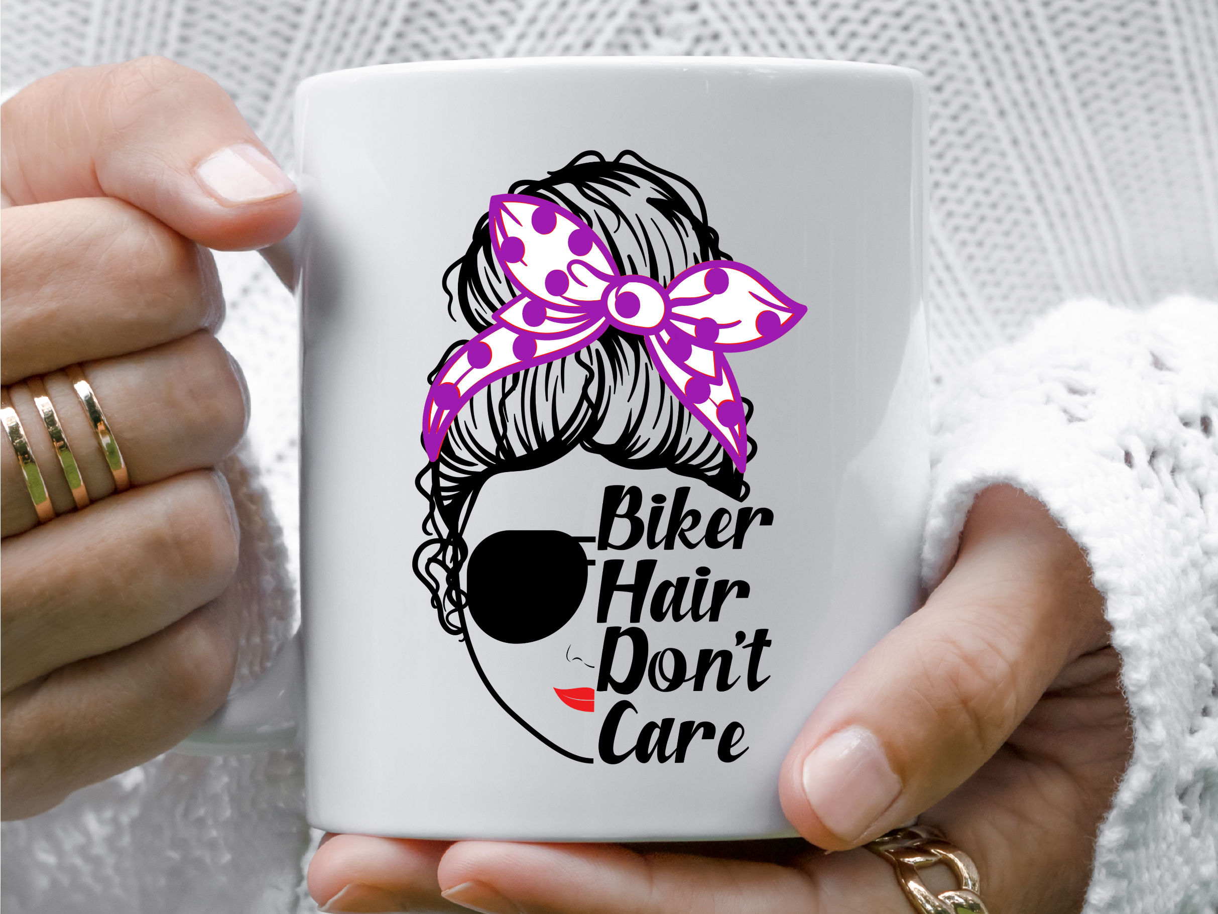 female riders, lady biker, biker chick, girl keyring, biker, motorbike, motorcycle keyring, mug, biker, Bike Hair Don’t Care – Mug, purple