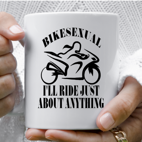 female riders, lady biker, biker chick, girl keyring, biker, motorbike, motorcycle keyring, mug, biker, Bikesexual, i'll ride just about anything mug 1
