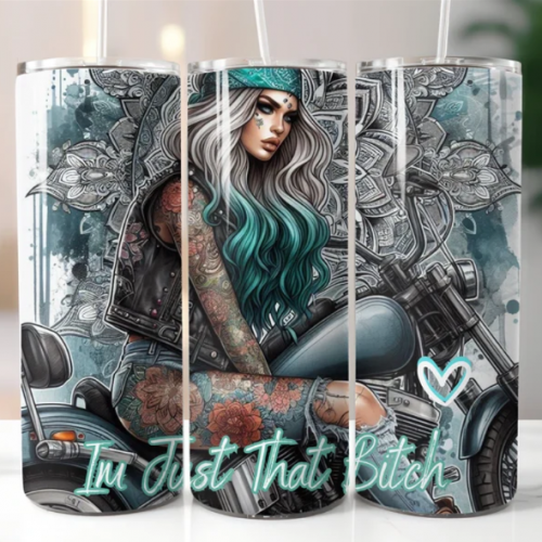 i'm just that bitch, Female rider in chopper motorbike, 20oz Tumbler with Lid and Straw, Personalised female biker, biker chick, lady biker