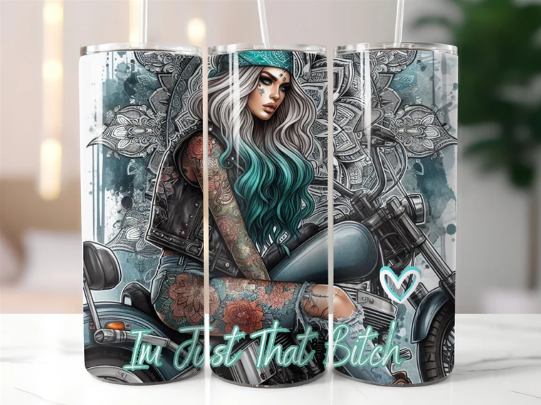 i'm just that bitch, Female rider in chopper motorbike, 20oz Tumbler with Lid and Straw, Personalised female biker, biker chick, lady biker