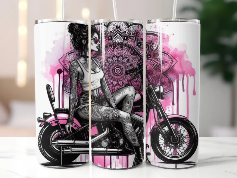 Female rider in chopper motorbike, 20oz Tumbler with Lid and Straw, Personalised female biker, biker chick, lady biker 1
