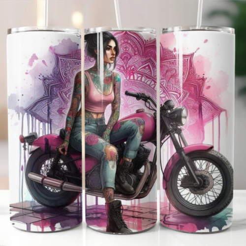 Female rider in chopper motorbike, 20oz Tumbler with Lid and Straw, Personalised female biker, biker chick, lady biker 3