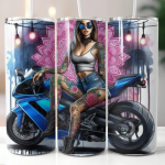 Female rider in chopper motorbike, 20oz Tumbler with Lid and Straw, Personalised female biker, biker chick, lady biker 7