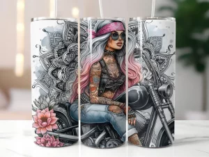 Female rider in chopper motorbike, 20oz Tumbler with Lid and Straw, Personalised female biker, biker chick, lady biker
