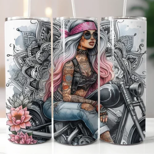 Female rider in chopper motorbike, 20oz Tumbler with Lid and Straw, Personalised female biker, biker chick, lady biker