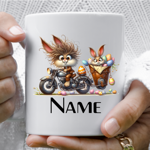 Motorbike Easter Bunny mug, gifts, Bunny and his bunny son.