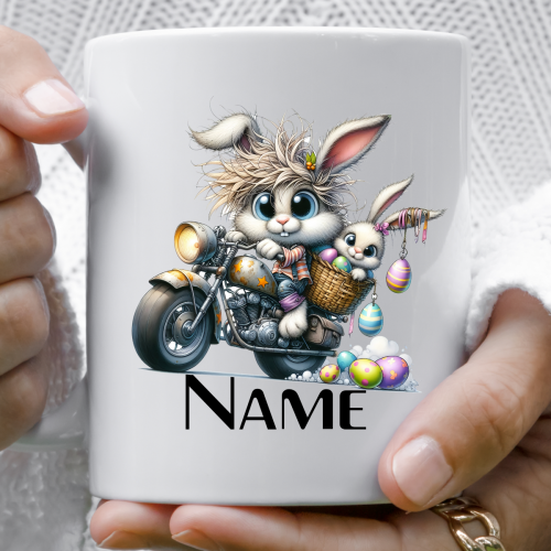 Cute Bunny and Son in a chopper Motorbike Easter eggs - Mug