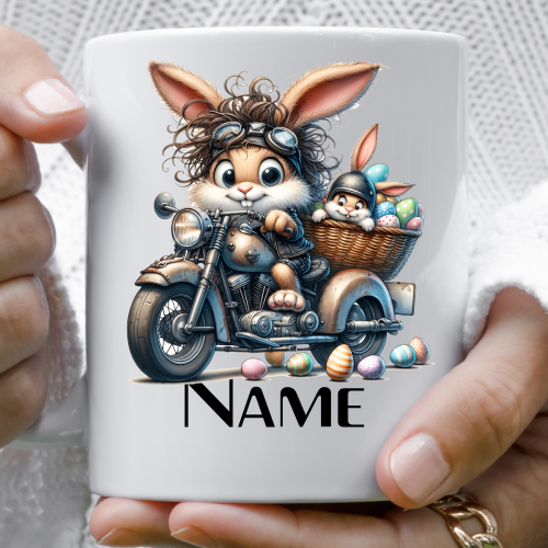 Young Bunny and son in a chopper Motorbike Easter - Mug, biker gift, personalised