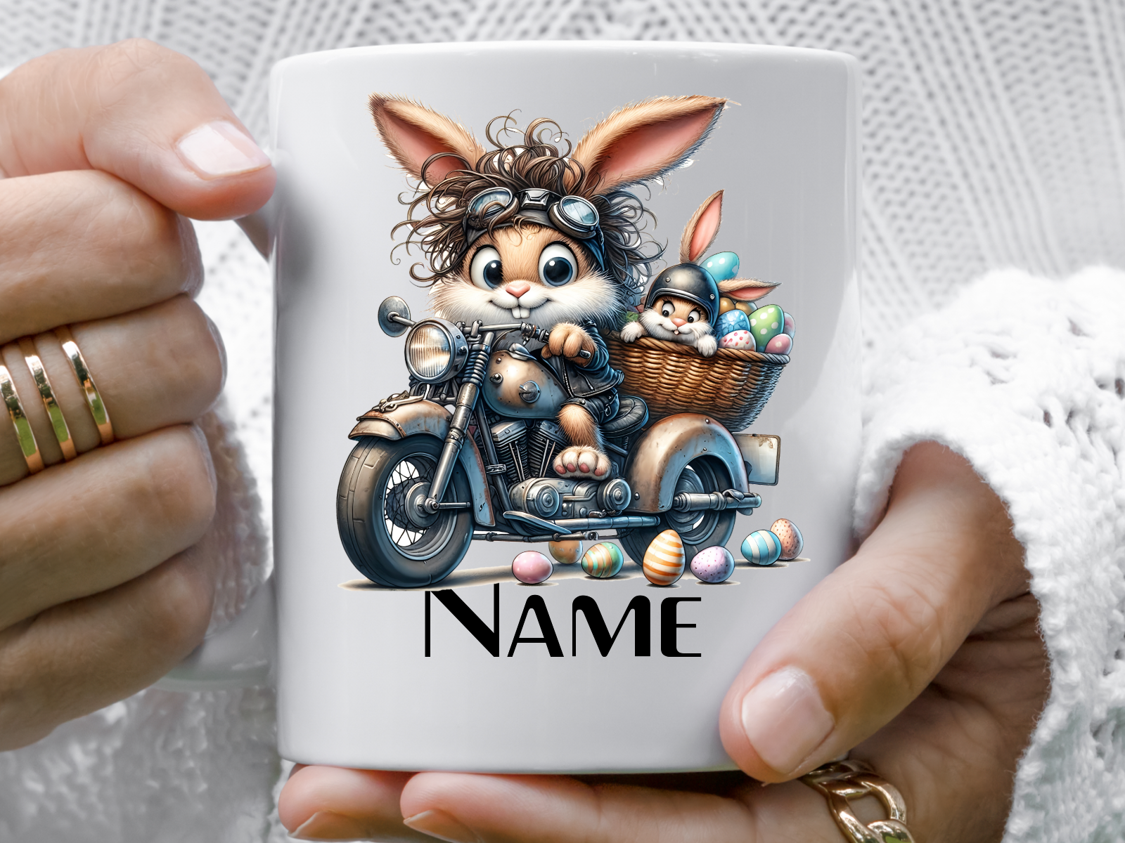 Young Bunny and son in a chopper Motorbike Easter - Mug, biker gift, personalised