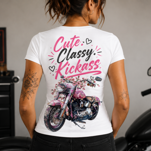 Cute. Classy. Kickass, female rider biker tshirt