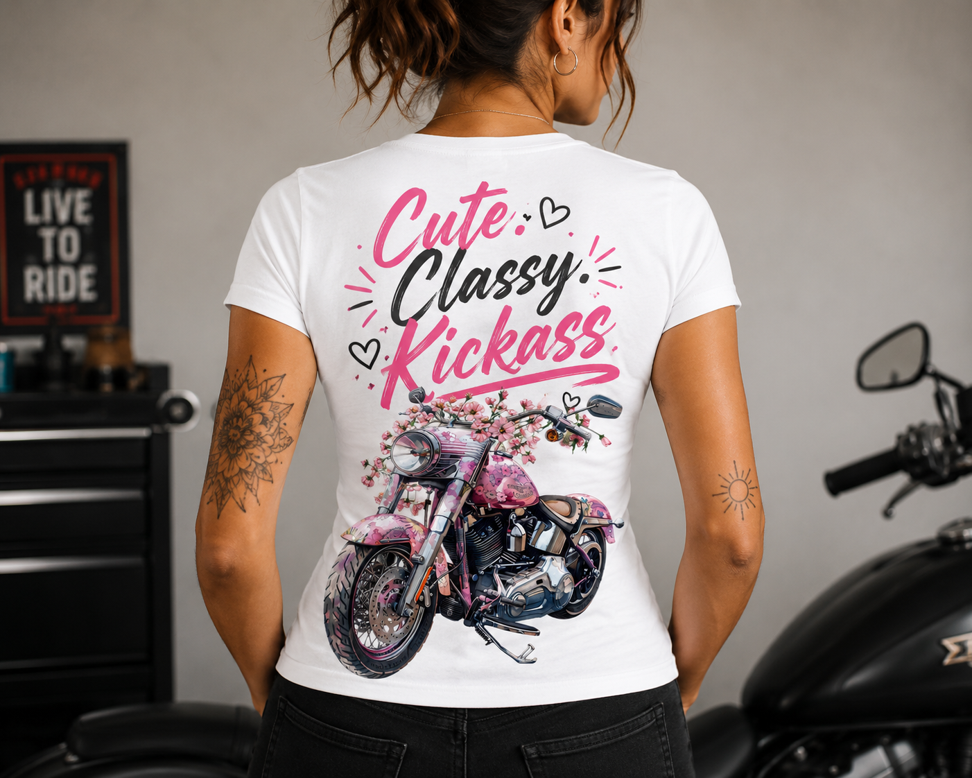 Cute. Classy. Kickass, female rider biker tshirt